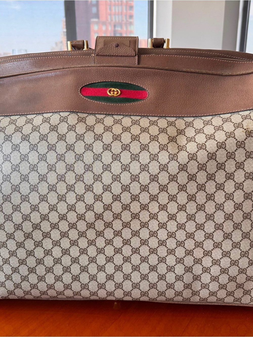 Gucci Beige GG Canvas Tote with Brown Trim and Red-Green Web